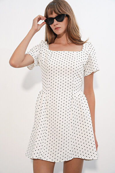 Bigdart Women's Polka Dot Square Neck Short Sleeve Mini Dress 2604 - White