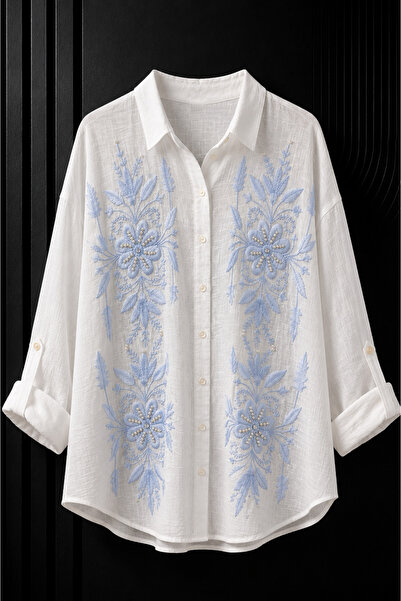 studio fashion 1988 White Blue Embroidered Pearl Oversize Cotton Viscose Shirt