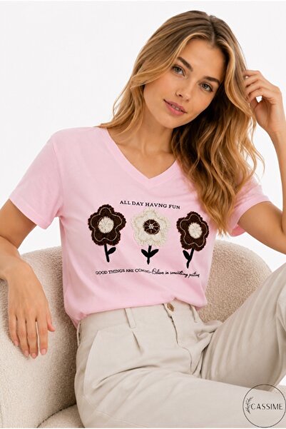 Cassime Tricou tricotat pentru femei, roz, 100% bumbac, croială normală, cu b...