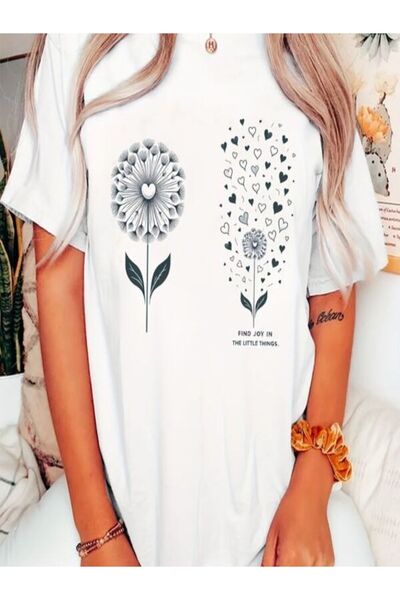 vorena Heart and Flower Patterned Oversize T-Shirt