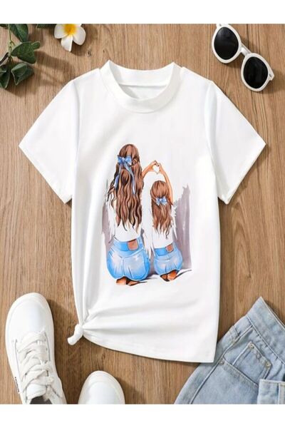 COZYWEAR تي شيرت أبيض مطبوع عليه الأم والابنة