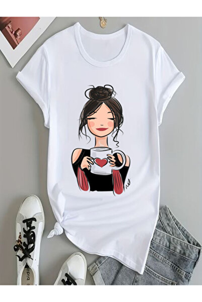 COZYWEAR تي شيرت نسائي مطبوع عليه كوب على شكل قلب
