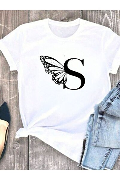 COZYWEAR White T-Shirt with Letter S and Butterfly Pattern