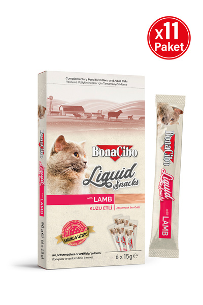 BonaCibo Kuzu Etli Atıştırmalık Sıvı Ödül (6 x 15 gr) x 11 paket