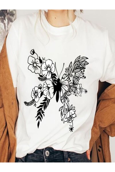 vorena Floral and Butterfly Patterned Oversize T-Shirt