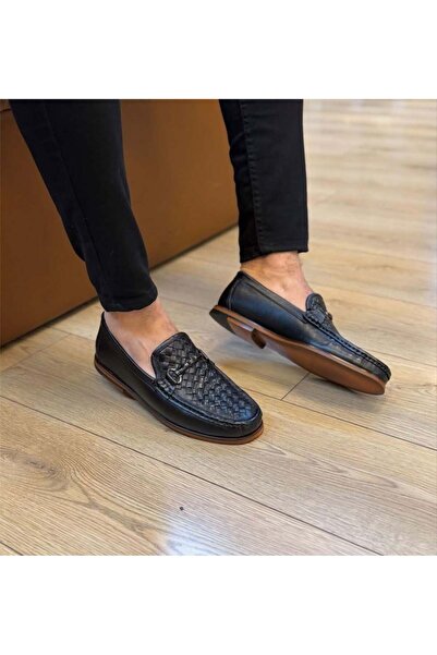 Parlak Hakiki Deri Örgülü Günlük Loafer Ayakkabı