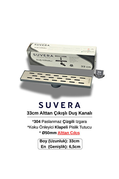 Suvera 33CM 304 Paslanmaz Izgaralı (Alttan Çıkışlı) Koku Önleyici Klapeli Duş...