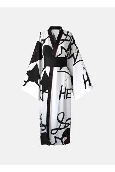 Magic BAlance Sanatsal Grafiti Desenli Siyah Biyeli Kadın Kimono | 888Balance