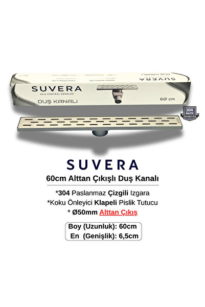 Suvera 60CM 304 Paslanmaz Izgaralı (Alttan Çıkışlı) Koku Önleyici Klapeli Duş...