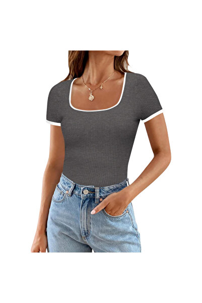 OEM Bluză de damă cu mânecă scurtă, cu striații, casual, slim fit, gri, S