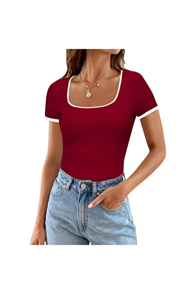 OEM Bluză de damă cu mânecă scurtă, cu striații, casual, roșie, L