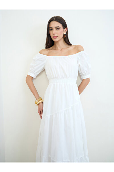 Styli White Cotton Tiered Maxi Dress with Puff Sleeves