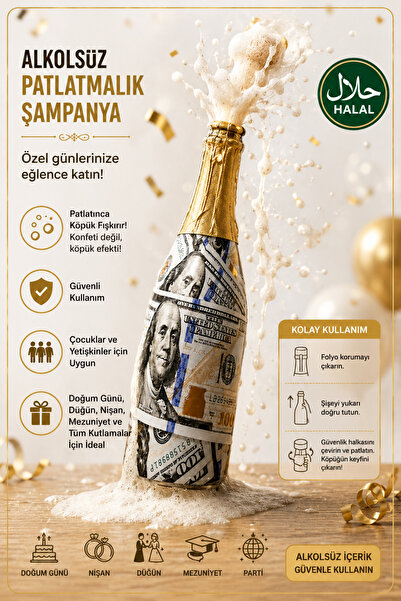 Marcean MARCÉAN Alkolsüz Patlatmalık Şampanya – Dolar Tasarımlı Kutlama Şişes...
