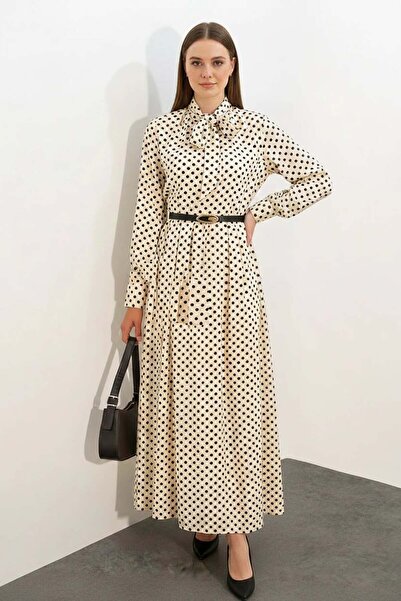 ALFA AKSESUAR 03 Women's Scarf Collar Belted Polka Dot Cream Hijab Dress