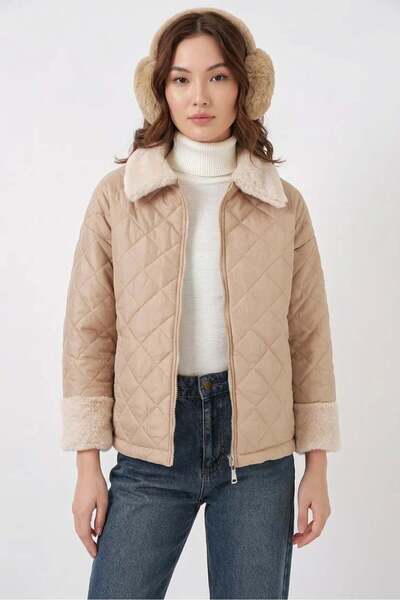 ALFA AKSESUAR 03 Women's Shirt Collar Plush Detailed Quilted Patterned Beige ...