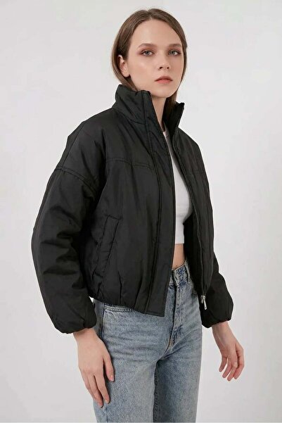 Generic Brand Women's Stand Collar Waist Gathered Oversize Bomber Black Coat