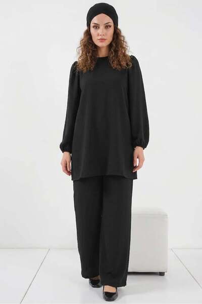 ALFA AKSESUAR 03 Women's Round Neck Balloon Sleeve Black Tunic Pants Top and ...