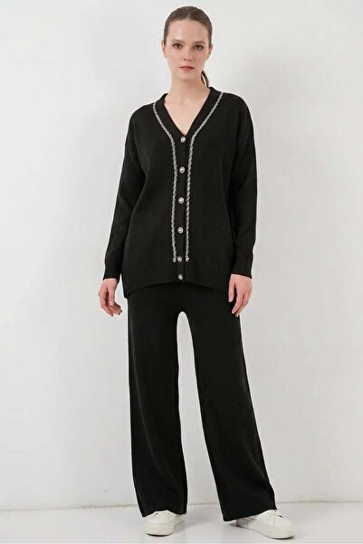 ALFA AKSESUAR 03 Women's V-Neck Buttoned Knitwear Black Set