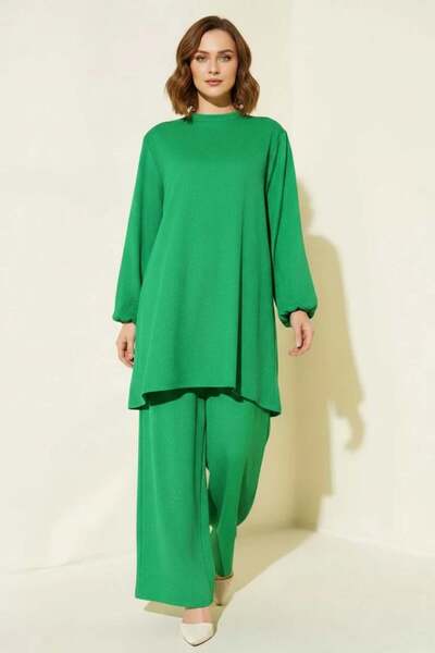 ALFA AKSESUAR 03 Women's Round Neck Straight Cut Green Bottom Top Set