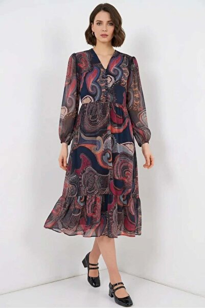 Generic Brand Women's Gathered Waist Patterned Chiffon Multi-Colored Dress