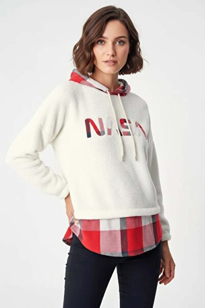 ALFA AKSESUAR 03 Women's Hooded Plaid Patterned White Sweatshirt