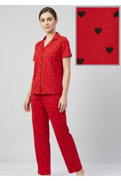 sleeproom Summer Buttoned Short Sleeve Red Little Heart Pajama Set