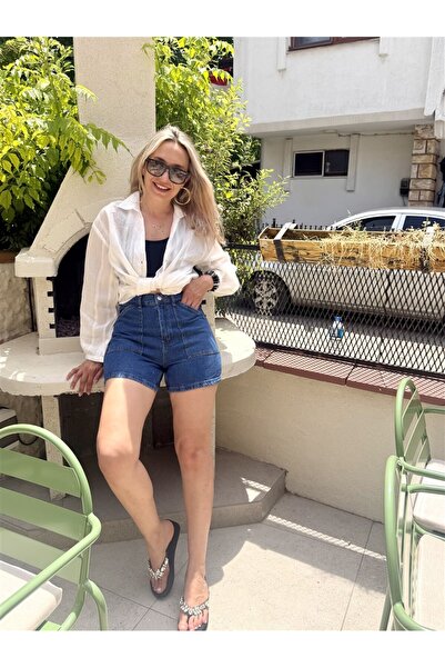 Gözde Tasarım Butik Women's Dark Blue Short Denim Shorts with False Pockets