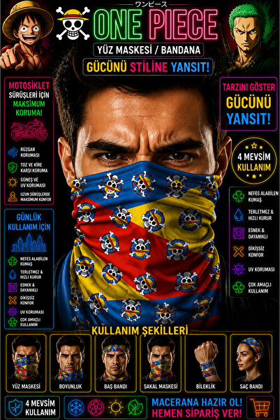 FG KONNİCHİWA Bandana imprimată One Piece, mască de față anime și guler pentr...