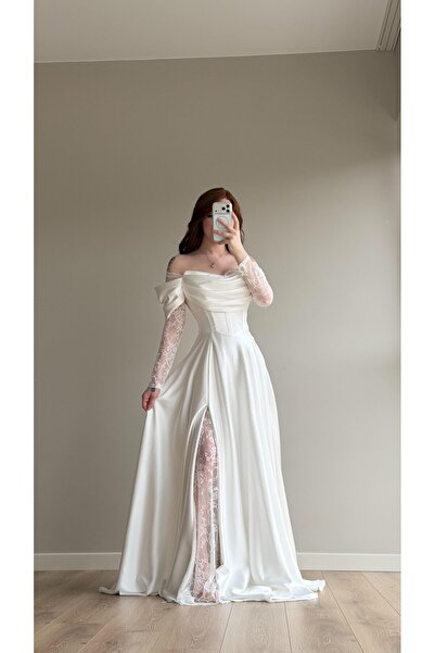 ayşenur Dinçer butik Royal Dantel Detaylı Beyaz Abiye