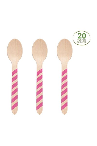 OEM Linguri din Lemn cu Mâner Fucsia Dungat 16 cm, Set 20 buc, pentru Petreceri