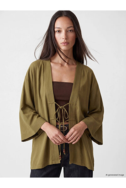 LC Waikiki Khaki Oversize Linen Blend Women's Kimono