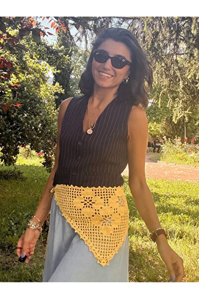 Merishe Jewerly باندانا ميريشي كروشيه صفراء منقوشة بالزهور محبوكة يدويًا