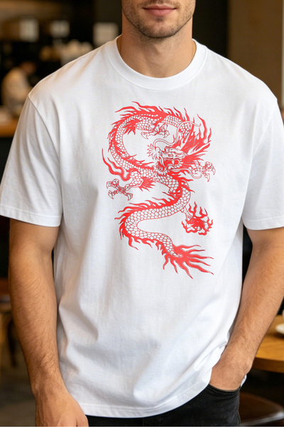 Fleck Casual Style T Shirts For Men Red Dragon Design Mens Printed T Shirts