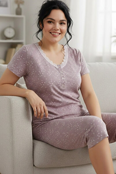 Siyah İnci Set de pijamale Capri tricotate din bumbac cu model, mărime mare, ...