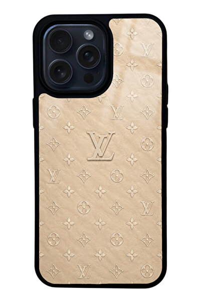 Spoyi iPhone 14 Pro Max Bej Gold LV Tasarımlı Glossy Telefon Kılıfı