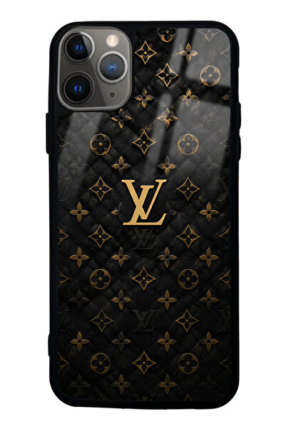 Spoyi iPhone 11 Pro Max Black Gold LV Tasarımlı Glossy Telefon Kılıfı