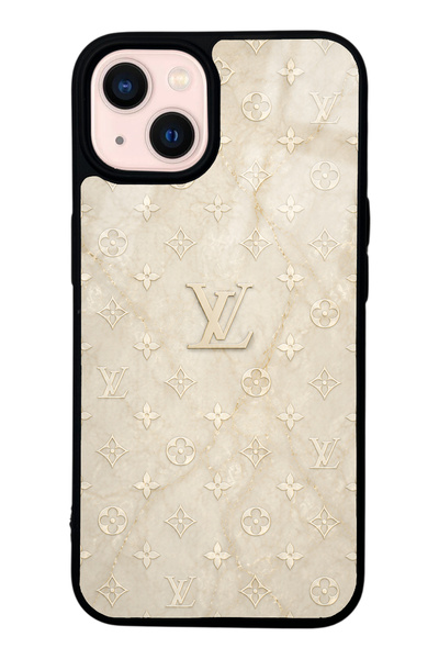 iPhone 13 Krem Gold LV Tasarımlı Glossy Telefon Kılıfı