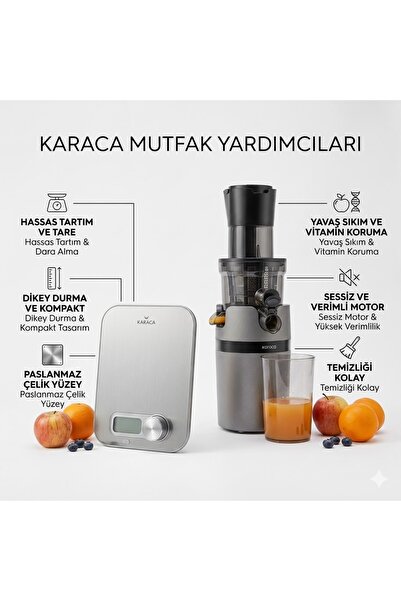Karaca Slow Juicer XL Geniş Hazneli Yavaş Sıkım Meyve Sıkacağı+Mutfak Tartısı