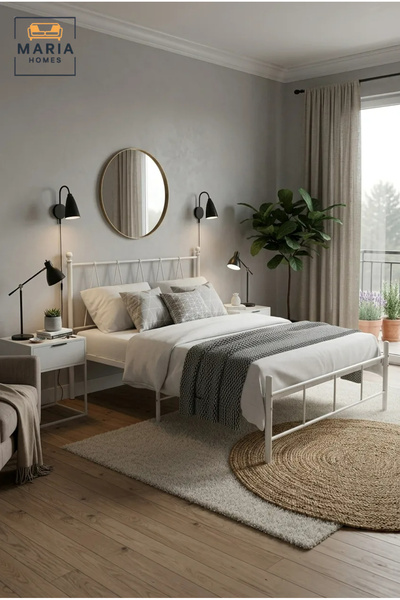 MARIA HOMES Modern White Metal Bed Frame 180×200 cm – Platform Bed with Geome...