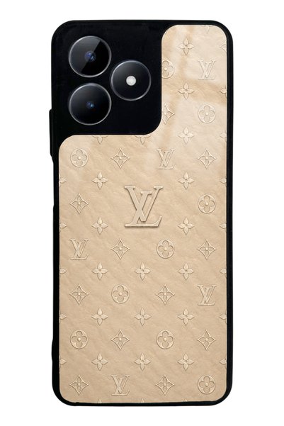 Spoyi حافظة هاتف ريلمي C53 باللون البيج الذهبي بتصميم LV اللامع