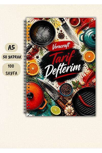 VORACRAFT Yemek Tarif Defteri, 50 Yaprak /100 Sayfa, A5 / Tel Spiral TRF0006