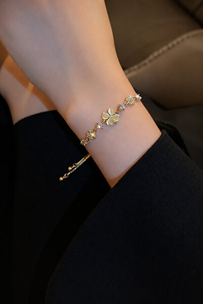 TREND COLLECTİON Gold Color Clover Figured Women's Bracelet with Stone Detail...