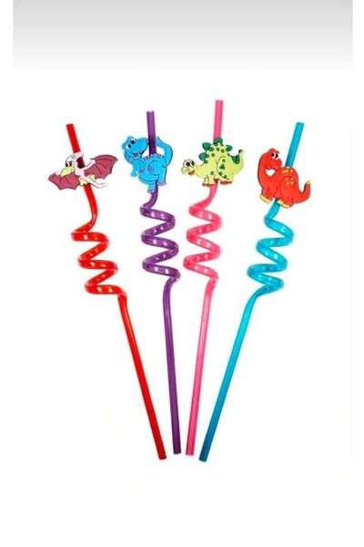 Alphom 4 Parça Renkli Pipet Seti - Emojili Spiral Kokteyl- Çocuk Pipeti