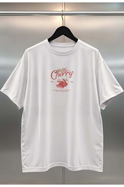 buzagi tasarım ürünleri Cherry Digital Print White Unisex Oversize T-Shirt