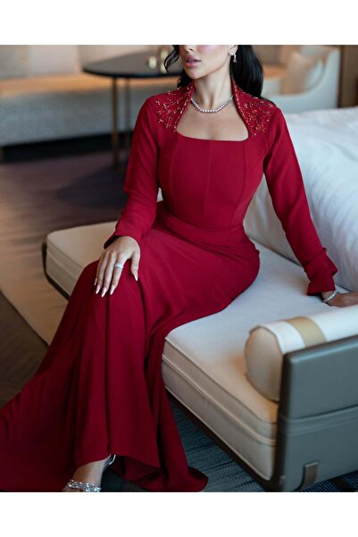 REVE Red Long Evening Dress, Long Sleeves and Shoulder Detail with Beads.