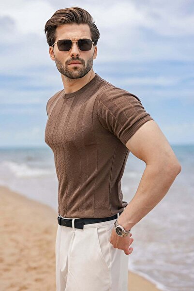 Madmext Light Brown Vertical Striped Crew Neck Knitwear Men's T-Shirt E7505