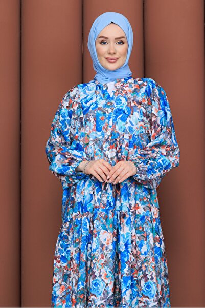 PAVENTİ Modal Dress Yellow Floral Blue