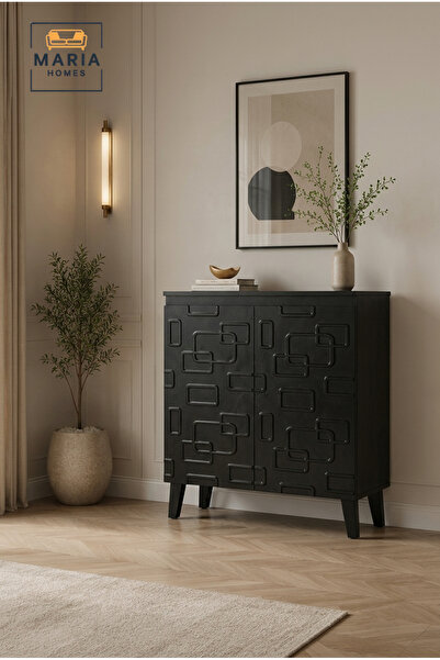 MARIA HOMES Modern Black Accent Storage Cabinet with Geometric Embossed Doors...
