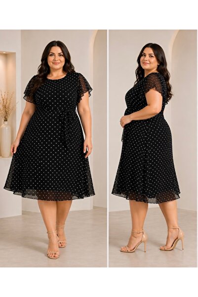 Meddesa Rochie elegantă din voal cu buline Plus Size