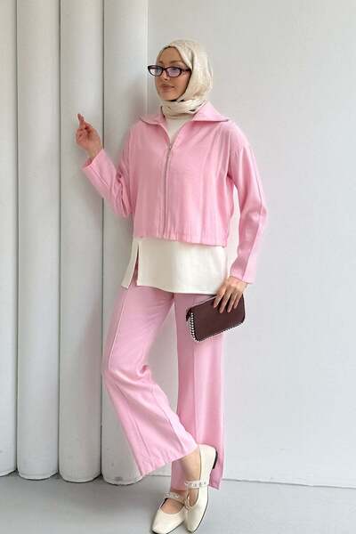 Modaensarbutik Modal Kumaş 3'lü Pantolonlu Tesettür Takım-PEMBE